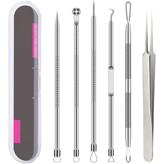 6 Pcs Blackhead Remover Acne Needle Tools Set Removing Treatment for Nose Face Skin Blemish Extractor Tool - Silver